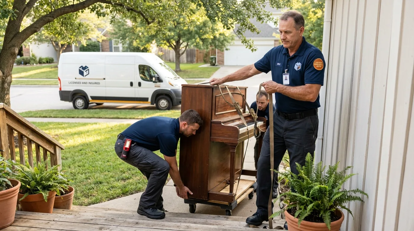Licensed piano movers securing grand piano in Ossian, IN