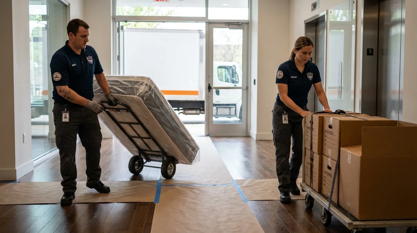 Professional apartment movers loading elevator in Ossian, IN